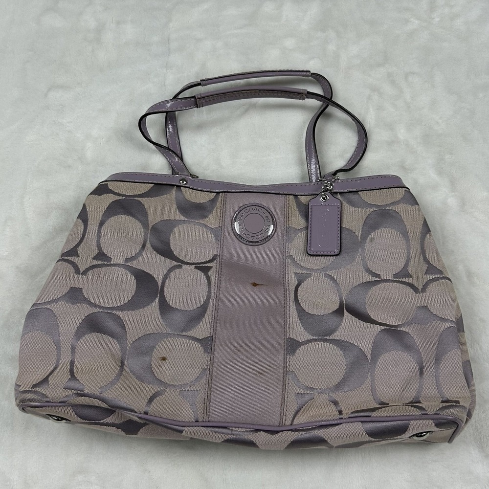 Coach Signature Stripe Tote Bag Womens Medium Lavender Grey Monogram Canvas